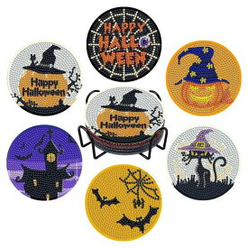 PAVIKEハロウィンコースター(6枚セット)DIYダイヤモンドアートコースターハロウィンダイヤモンドコースターハロウィンプレゼント雰囲気飾り手作りキットホルダー付き