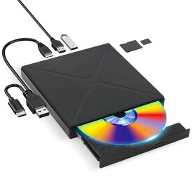GUERAY DVD/CDドライブ 外付け USB3.0&TYPE-C両対応 TF/SDカード対応 ポータブルドライブ CD/DVD読取・書込 低騒音 高速 2つのUSBポート搭載 軽量 LINUX/WINDOWSなど対応 ブラック