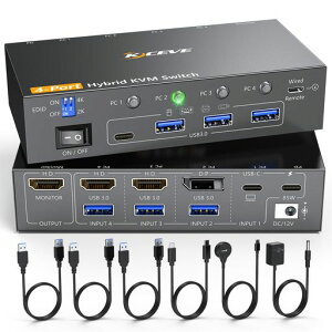 KCEVE 4K KVM�X�C�b�` EDID�@�\ 4����1�o�� (2HDMI+1DP+1Type-C �n������)�A�f�X�N�g�b�vPC+�m�[�gPC�Ή� 4K60Hz KVM �ؑ֊�A�m�[�g�p�\�R��PD�[�d�A4���PC��1��̃��j�^�[��1�g�̃L�[�{�[�h�}�E�X�����L
