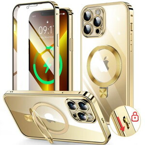 HGUTREY【スタンド機能付き・アクションボタン】iPhone13Pro用ケースクリア【ロック付き】【CDリング・MagSafe対応】9H強化ガラスPC背面カメラレンズ保護アイフォン13プロカバー両面ストラップ…