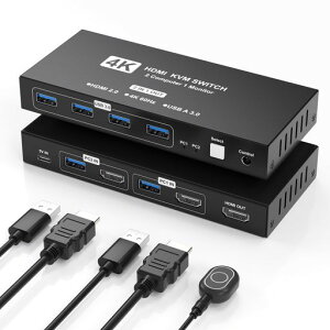 2��PC�Ή� 4K60Hz HDMI KVM�X�C�b�` USB 3.0�ڑ� �f�X�N�g�b�v�ؑփR���g���[���[�t�� ���j�^�[���L �L�[�{�[�h�}�E�X�؂�ւ� �I�t�B�X�E�ݑ�[�N�ɍœK