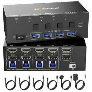 KCEVE HDMI 2.1 KVM�X�C�b�` PC�ؑ֊� 4����2�o�� EDID�@�\ 8K@60Hz/4K@144Hz 4PC KVM�ؑ֊� USB3.0 �L�[�{�[�h�A�}�E�X�A���j�^�[��4PC�ŋ��L �茳�X�C�b�`�t��