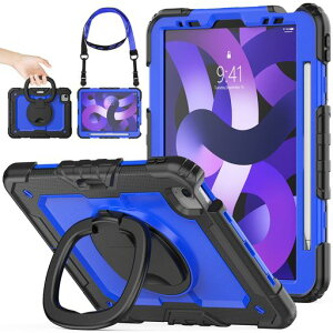 SEYMACstockiPadAir5/iPadAir4ケースリングハンドル耐衝撃ケースiPadAir第5世代/第4世代専用型ペン収納ショルダーストラップ保護フィルム付きフレーム(ブルー+ブラック)