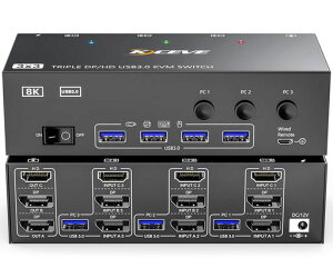 KCEVE 8K USB3.0 KVM�X�C�b�` 3PC 3���j�^�[ KVM Switch�A�~���[/�g�����[�h (8K@30Hz/4k@144Hz) PC3��ƃf�B�X�v���C3��Ή��A�L�[�{�[�h