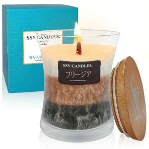 FCMSHAMDアロマキャンドルLジャーキャンドルフリージアの香りアロマろうそくロウソク木の芯ガラスの瓶3層のカラーフレグランスギフトパチパチ音(black-brown-white)