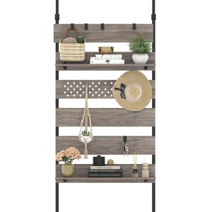 FLEXISPOT突っ張り棚CJ3突っ張りラック壁面収納2段段差対応木目調幅80ウォールラック可動棚板DIY・穴あけ・工事不要有孔ボード付きフック付き(グレイウッド)