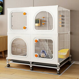 チンチラ ケージ 2列2層 大型 小動物ケージ 屋内用 飼育ケージ 74×37×82cm キャスター付き 移動便利 モルモット ウサギ リス 透明窓 扉付き 掃除しやすい 引き出しトレイ 遊び場 多頭飼い 室内 組み立て式 落下防止 フェン