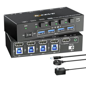 KCEVE HDMI 2.1 KVM�X�C�b�` 4����1�o�� PC�ؑ֊� EDID�G�~�����[�V���� 8K@60Hz/4K@120Hz 4PC KVM�ؑ֊� USB3.0 �L�[�{�[�h�A�}�E�X�A���j�^�[��4PC�ŋ��L �茳�X�C�b�`�t��