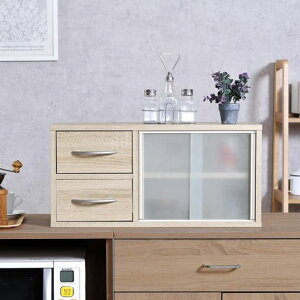 不二貿易食器棚カウンター上収納キッチン収納両面引き出し卓上ガラス扉幅60x奥行26.5x高さ29cmオーク52283