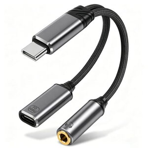 GGMTY 2-in-1 USB-C to 3.5mm �C���z���ϊ��A�_�v�^ PD 100W�[�d 32bit/384kHz 13cm iPhone 17/16/15�EGalaxy�EiPad�Ή� �O���[