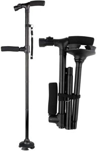 EASYLEE人気ステッキ杖自立式折りたたみ4点杖軽量アルミ製頑丈高輝度LEDライト搭載ダブルハンドル夜間散歩伸縮ステッキ5段階調整可補助ハンドル介護歩行補助杖倒れない母/父にプレゼン…