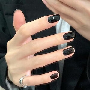 Fuyunohiネイルチップ黒付け爪ショート24枚セット両面テープ付きつけ爪ブラック無地シーンプルネイルチップシール強力ネイルアイテム簡単に貼る耐久便利オフィス個性的かっこいい