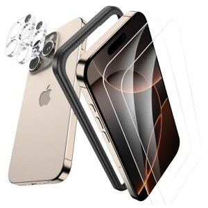 SunytreeガラスフィルムiPhone16Pro用【超強力な保護力・貼り付け超簡単】保護フィルム2枚+カメラフィルム2枚旭硝子素材製ガイド枠付き高感度タッチ強化ガラス液晶保護フィルム9H硬度耐衝撃…