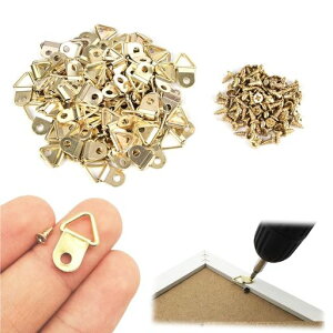 YAARUJEE三角カン額縁フック吊り金具額縁金具100個セットフック金具絵画用壁掛けフック木ネジ付き22x10mm(ゴールド)