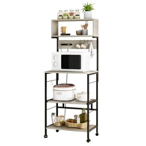 LYNCOHOMEレンジラック計4口コンセント付きUSBポート付きレンジ台レンジボード幅60食器棚キッチンラックキッチン収納大型レンジ対応キャスター付き(グレージュ北欧風おしゃれ)