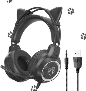 YIKTUNGヘッドホン猫耳ヘッドホンゲーミングヘッドセット有線ヘッドフォン40MMスピーカーRGBライト付きUSBポートマイク付き柔らかい保護カバー良い音質調整可能なサイズかわいいPS4/PS5/Switc…