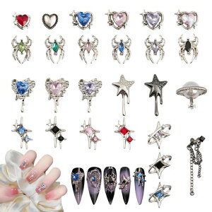 ネイルパーツハート星26個セットハロウィンネイルパーツレトロパンク3D立体クモ星ハートネイルストーン宝石大きめネイルアートデコパーツジュエリーパーツ(マルチカラー)