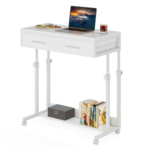 Tribesigns昇降デスク幅80引き出し付きキャスター付きソファサイドテーブルベッドデスクスタンディングデスクホームオフィス用昇降机ホワイト無段階高さ調整手動学習デスク