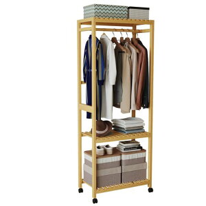 ハンガーラックキャスター付き棚の高さ調節可能コートハンガー物干しラック竹製2段棚付きスリムコートハンガー可動ユニバーサルホイール衣類収納服かけスタンド洋服掛け大容量ワー…