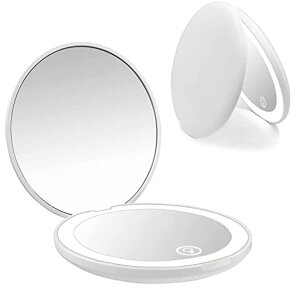 コンパクトミラー等倍&10倍両面鏡ライト付き折りたたみ化粧鏡携帯ミラー無段階調光角度調整可メイクアップUSB充電式プレゼントギフト円型ホワイト