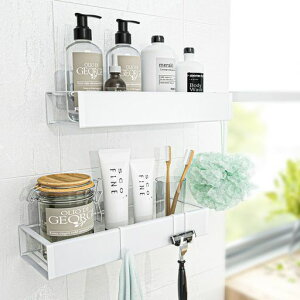 Pamyo浴室用ラックお風呂ラックお風呂棚強力粘着固定防水防錆穴あけ不要洗面所/キッチン収納洗濯機横収納バスルームラック防錆ステンレス賃貸対応フック付き2段式ホワイト