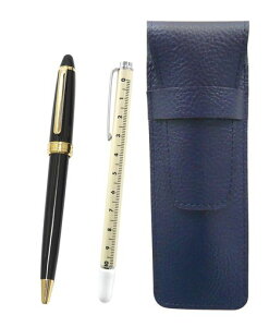シボ革ペンケース青スライドメジャー指示棒とネオD-600ボールペンセット黒SASL-708W-600B-B-22個パック