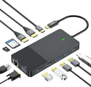 12-in-1USB-C�h�b�L���O�X�e�[�V����:�f���A��4KHDMI/VGA/�M�K�r�b�gLAN/100WPD�[�d/4USB�|�[�g/SD/TF�J�[�h���[�_�[�Ή�MacBook/Windows/�m�[�gPC�p