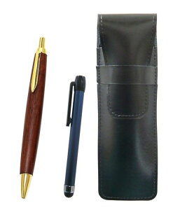 2個パックスリム牛革ペンケース黒メタルタッチ棒青と茶色木軸レトロボールペンセットASB-ALL-HS48S-2