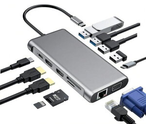 12-in-1USBC�h�b�L���O�X�e�[�V����(�f���A��HDMI/4K@60Hz/�M�K�r�b�gLAN/100WPD/USB3.0/2.0/SD/TF�J�[�h���[�_�[�t��)-MacBook/Dell/HP�Ή����j�o�[�T���m�[�g�b�N�h�b�N