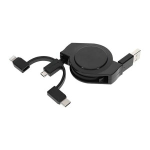 オウルテック巻取りmicroUSBケーブルライトニング変換アダプタ/Type-C変換アダプタ付き3in1ケーブル両引き軽量コンパクト静音MFi認証取得1.0mブラックOWL-CBR2AMLC10-BK