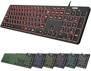 Arteck USB �L�� ���C���[ �L�[�{�[�h 7�F�o�b�N���C�g���� ���邳�ύX �t���T�C�Y 6�t�B�[�g(��1.8���[�g��)�R�[�h �e���L�[�t�� �R���s���[�^�[�A�f�X�N�g�b�v�APC�A���b�v�g�b�v�AWindows11/1�c