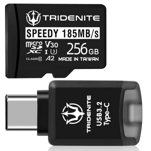 TRIDENITE 185MB/s SPEEDY 256GB microSD�J�[�h�t iPhone 17/16/15�p �J�[�h���[�_�[ USB 3.2 Type-C DDR200 ���y�� ���^OTG �O�t�������� �A�_�v�^ �Z�b�g TCRS-M32C256