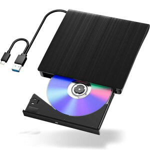 DVDドライブ外付けUSB3.0&Type-C両用ケーブルポータブルドライブ高速データ転送静音設計外付光学式ドライブCD/DVD読取・書込Window/Linux/MacOS対応(ブラック)