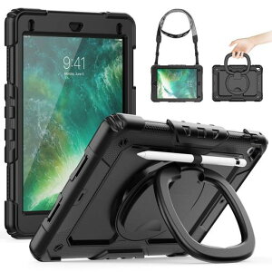 TimecityiPad第6世代/第5世代/Air2ケース耐衝撃iPad9.7インチリングケース360度回転スタンド保護フィルム付きペン収納ショルダーストラップハンドストラップ付き頑丈現場工事傷防止多機能