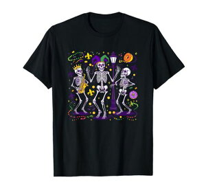 マルディグラダンシングスケルトンジョーカーハットビーズマスクお祭りTシャツ