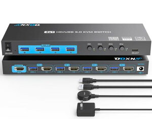 ANXQQ4ポートKVMスイッチHDMI、EDID機能付き4K@60HzKVMSwitch、4台のコンピューターが1台のモニターと4台のUSB外部デバイスを共有します、有線リモコンと電源アダプター付きHDMI切り替え