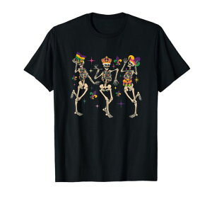 マルディグラダンシングスケルトンジョーカーハットビーズマスクお祝いTシャツ