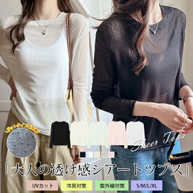 【1枚990円！クーポン＆2枚購入】 高評価★4.67★ 動画あり シアートップス クルーネック 重ね着 シアートップス レイヤード tシャツ 長袖 シアー ロンT Uネック インナー ドット柄 無地 体型カバー シアーロングスリーブTシャツ UV 紫外線 透け感 夏 カットソー レディース