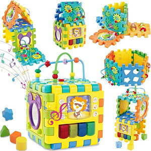 知育玩具 赤ちゃんおもちゃ ビーズコースター 多機能 形合わせ 1歳 2歳 くるくるチャイム お風呂 おもちゃ 音と光 立体 パズル 楽器おもちゃ ブロック 6面に12種遊び 指先訓練 聴覚発達 色認