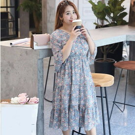 【翌営業日発送】2XL ワンピース 袖あり 7分袖 夏用 夏服 レディース ゆったり リゾート ワンピ Vネック シフォン 花柄 夏 ワンピース 夏 ワンぴ ビーチ おしゃれ 大人かわいい ブルー アウトレット da846zec6kc/代引不可