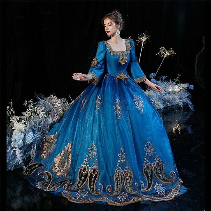 楽天市場 ロングドレス レディース お姫様ドレス スクエアネック ゴージャス 盛り袖 アンブレラスリーブ プリンセスライン ヴィクトリア ロココ調 王族服 カラードレス 中世風 貴族ドレス 舞台 ステージ 演劇 ヨーロッパ風 結婚式 衣装 パーティードレス パニエ追加可 青