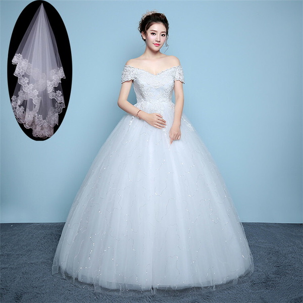 パーティードレス Aライン ベール付き 妊婦 韓国風 ウエディングドレス ホワイト 大きいサイズ 最安 ウェディングドレス 花嫁 店内全品対象 オフショルダードレス 二次会 da562c0c0x1 ドレス 結婚式