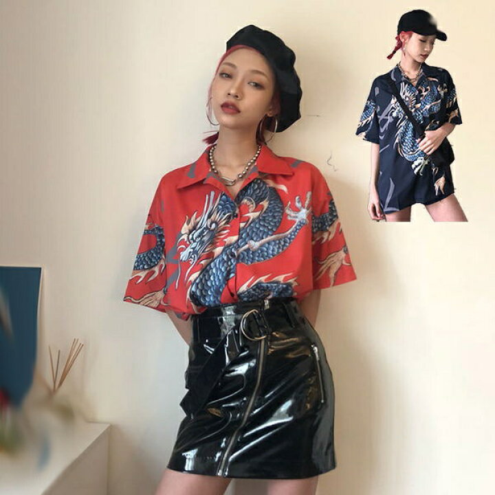 楽天市場】アロハシャツ レディース 赤 シャツ 龍柄 開襟シャツ 夏物