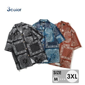 アロハシャツ メンズ 半袖 シャツ 開襟 オープンカラー ハワイアンシャツ バンダナ柄 ヴィンテージ風 カジュアル ストリート リゾート 夏服 大きいサイズ M L XL 2XL 3XL 黒 青 赤 おしゃれ シャツ 夏物 3色展開 dk009m3m3m3