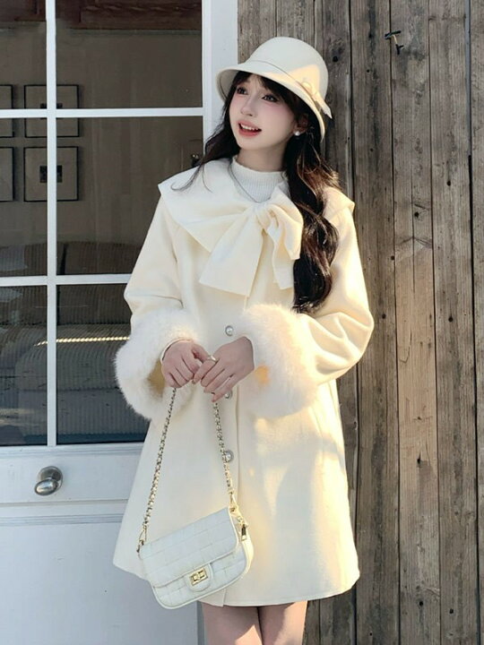 美品♡フォックスファー付きロングコート アイボリー アンゴラ 