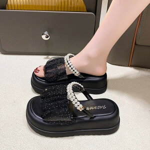 サンダル レディース 厚底 6cmヒール 2WAY ビジュー パール ストラップ かわいい プラットフォーム 歩きやすい ブラック 黒 ベージュ グリーン 緑 小さいサイズ 大きいサイズ 22.5cm〜25.0cm 夏 お