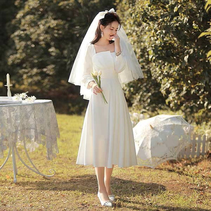 楽天市場】結婚式 ウェディングドレス ミモレ丈 袖付き 二次会 2次会 