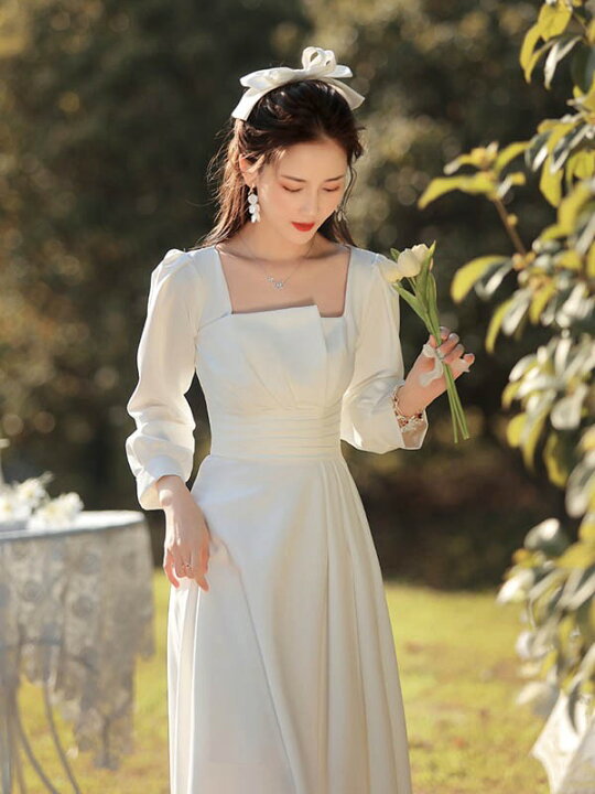 楽天市場】結婚式 ウェディングドレス ミモレ丈 袖付き 二次会 2次会  