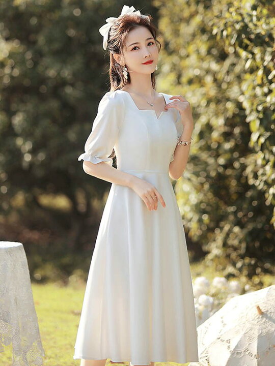 楽天市場】結婚式 ウェディングドレス ミモレ丈 袖付き 二次会 2次会  