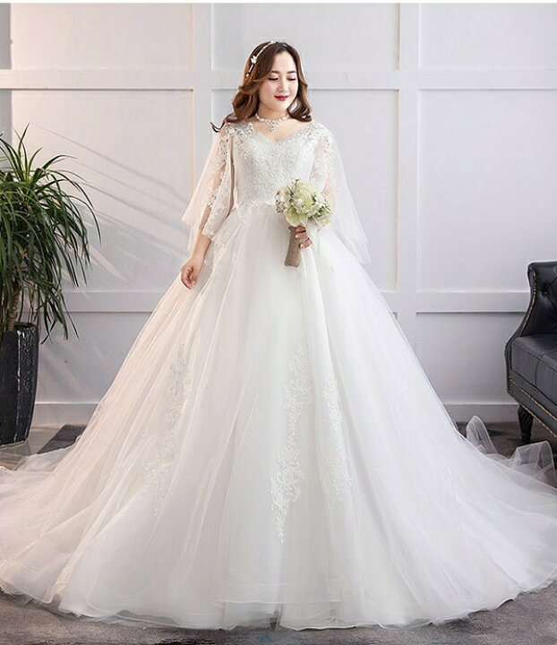 楽天市場 花嫁 ウエディングドレス 白ドレス 大きいサイズ 袖あり 着痩せ ぽっちゃり 結婚式 二次会 ドレス 締め上げタイプ レース ロングドレス トレーンドレス ウエディングドレス L 2l 3l 4l 5l 6l 7l 撮影用 Da171t2t2x1 発表会ドレス Happysunny